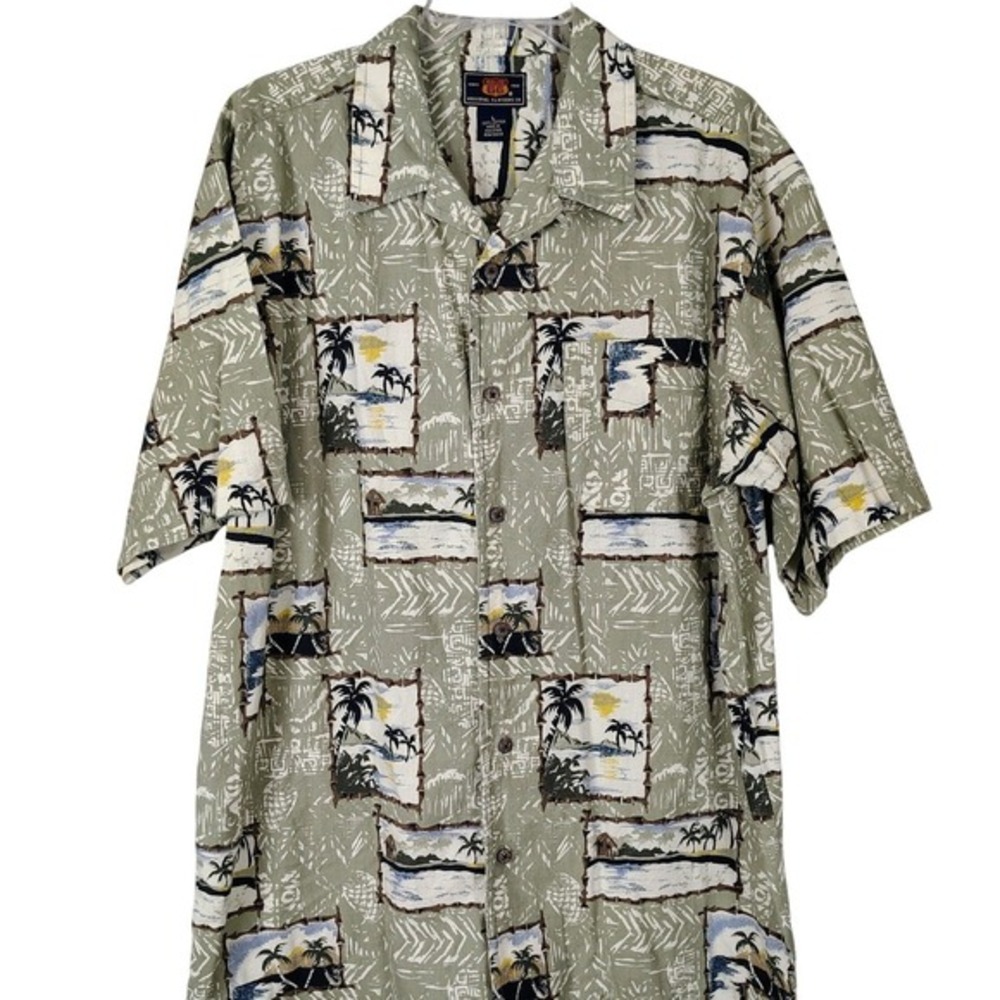 VTG Route 66 L Tropical Palm Tree Button Down Shirt‎ Sage Green Cotton costal